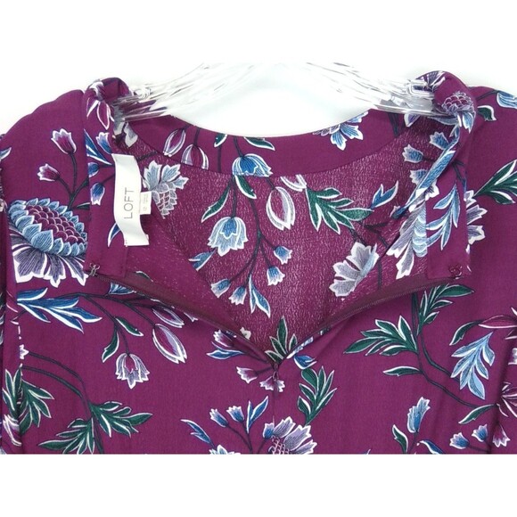 Loft Women's Ruffle Long Sleeve Midi Round Neck Floral Print Dress Size 12 - Picture 4 of 8